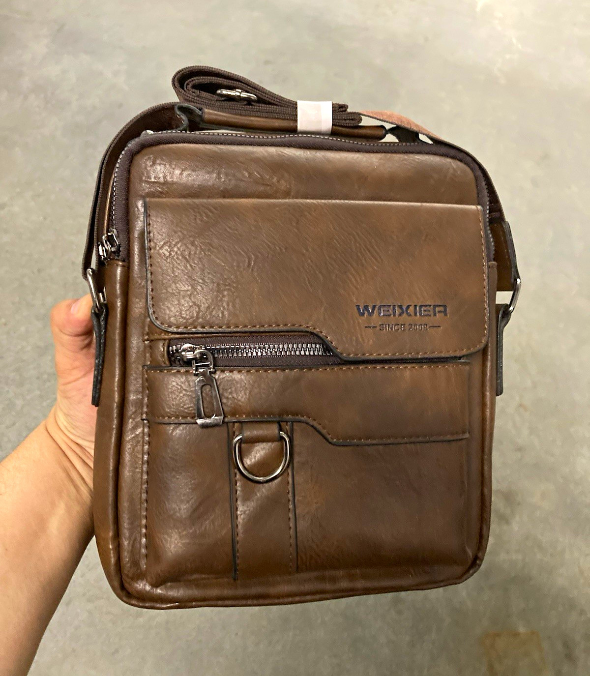 Wekier Brown Small Crossbody Bag Zip Closure Adjustable Strap Pockets Men
