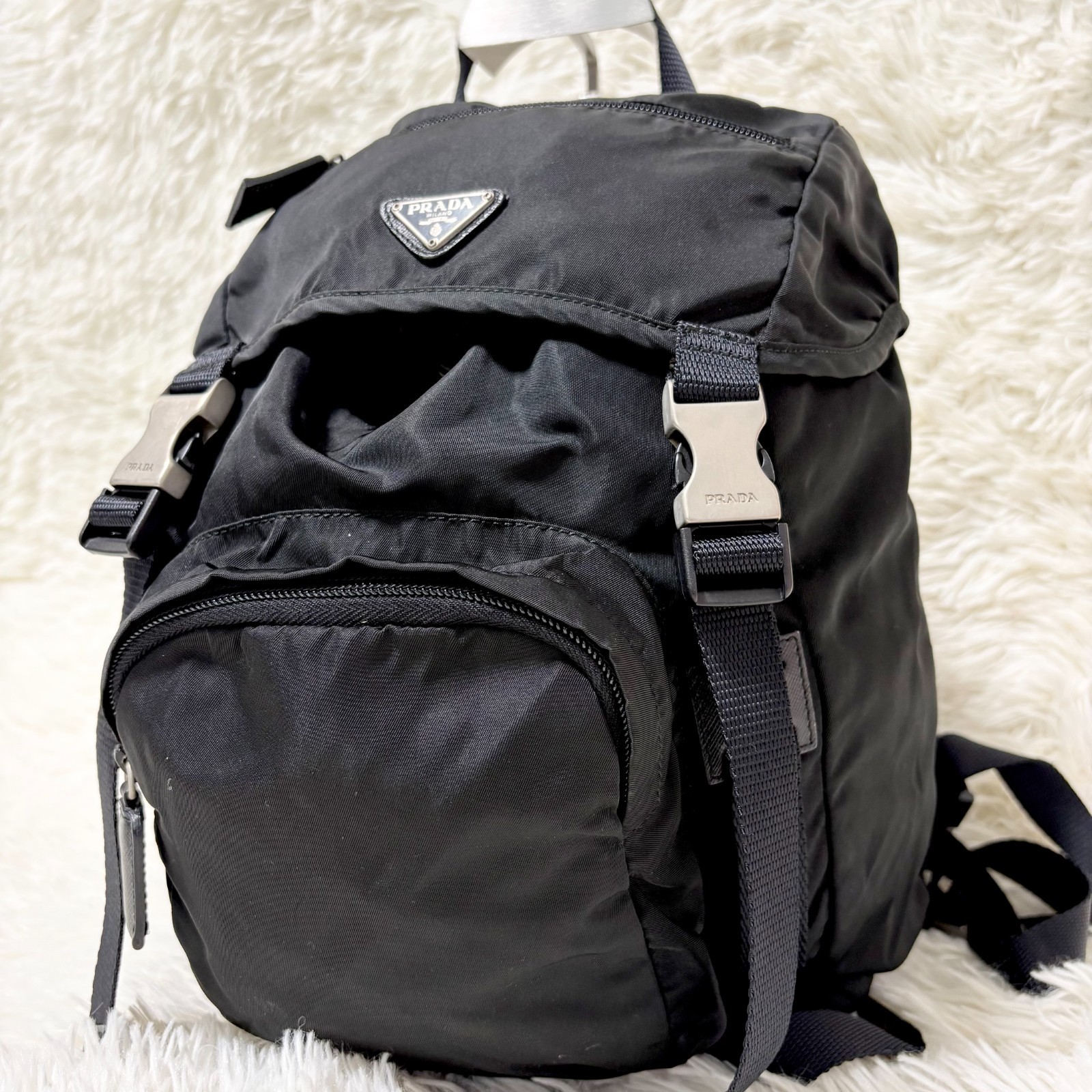PRADA Nylon Backpack Black Triangle Logo White Tag Vintage Unisex Bag