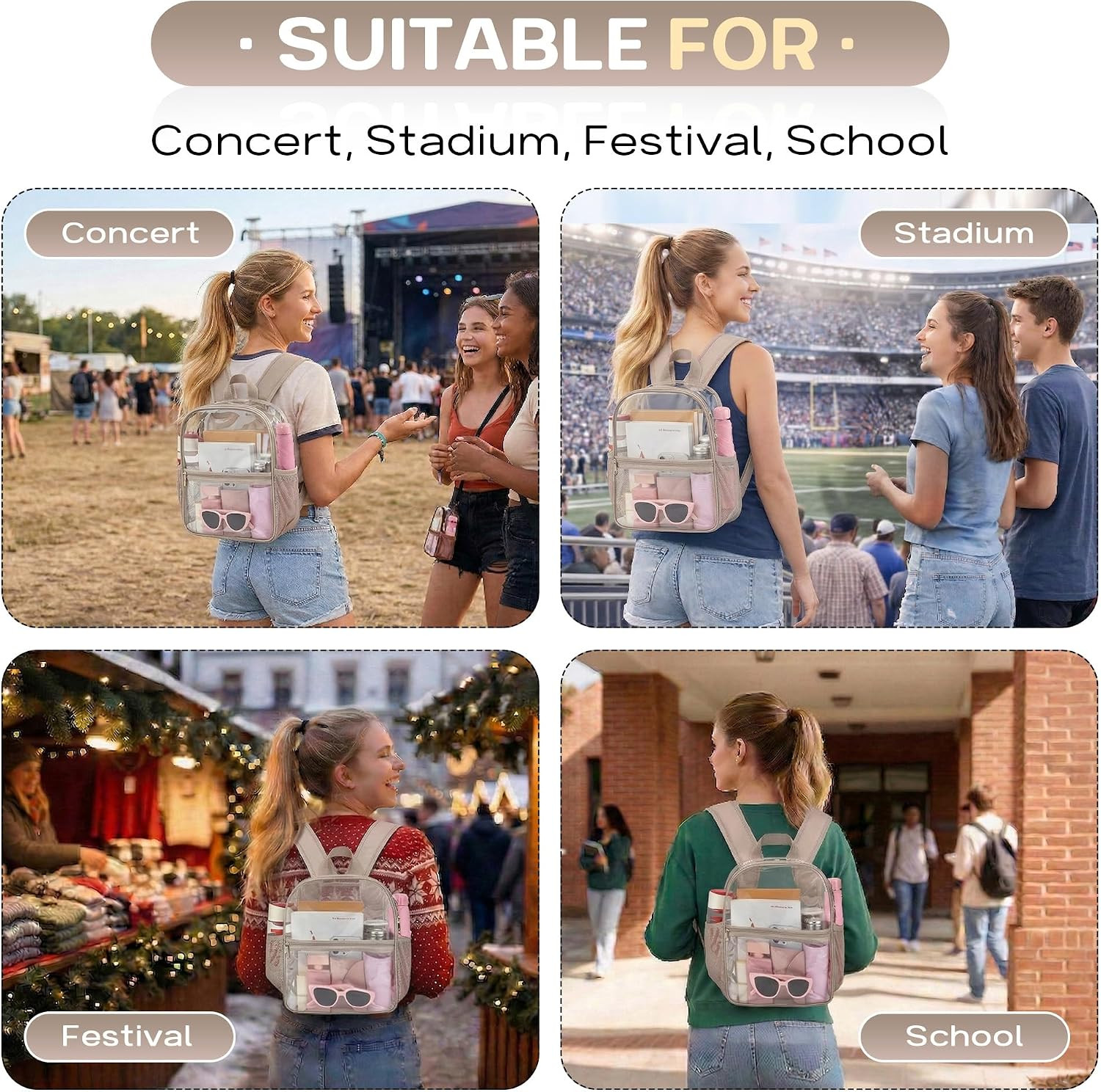 Clear Backpack Stadium Approved, 12 X 6 X 11 In, Small Transparent Backpack for