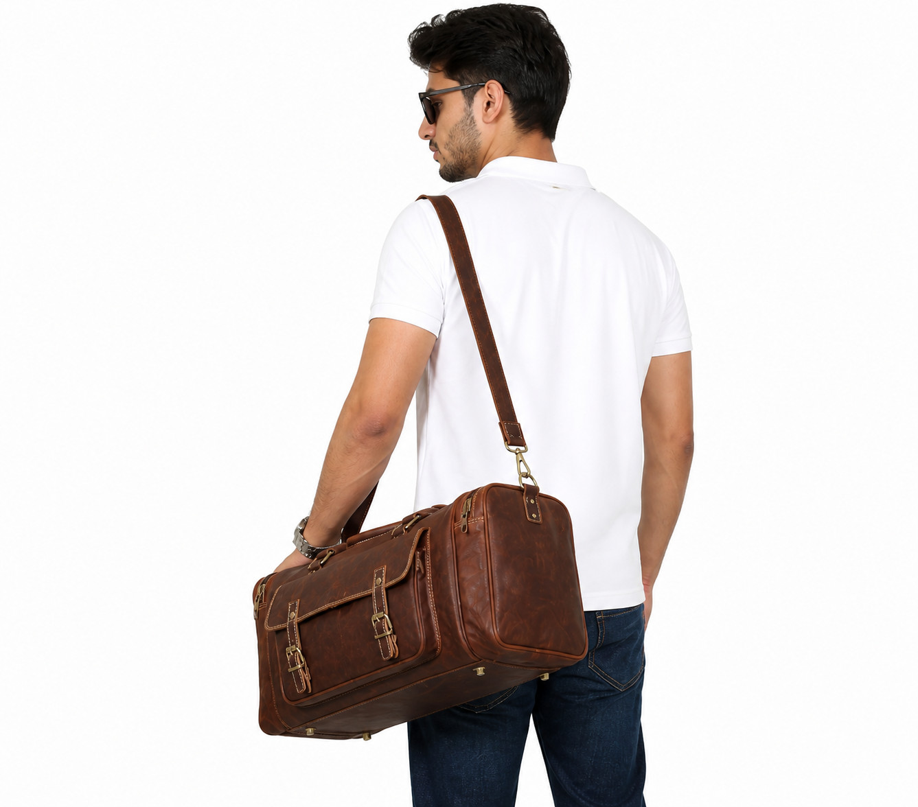 Handmade Rustic Leather Duffle 21in Vintage Weekender Carry On Travel Bag Large