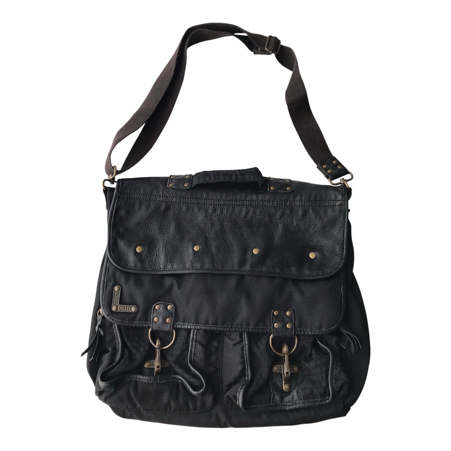 DIESEL Vintage Black Leather Shoulder Bag Avant Garde Industrial City Rave Y2K