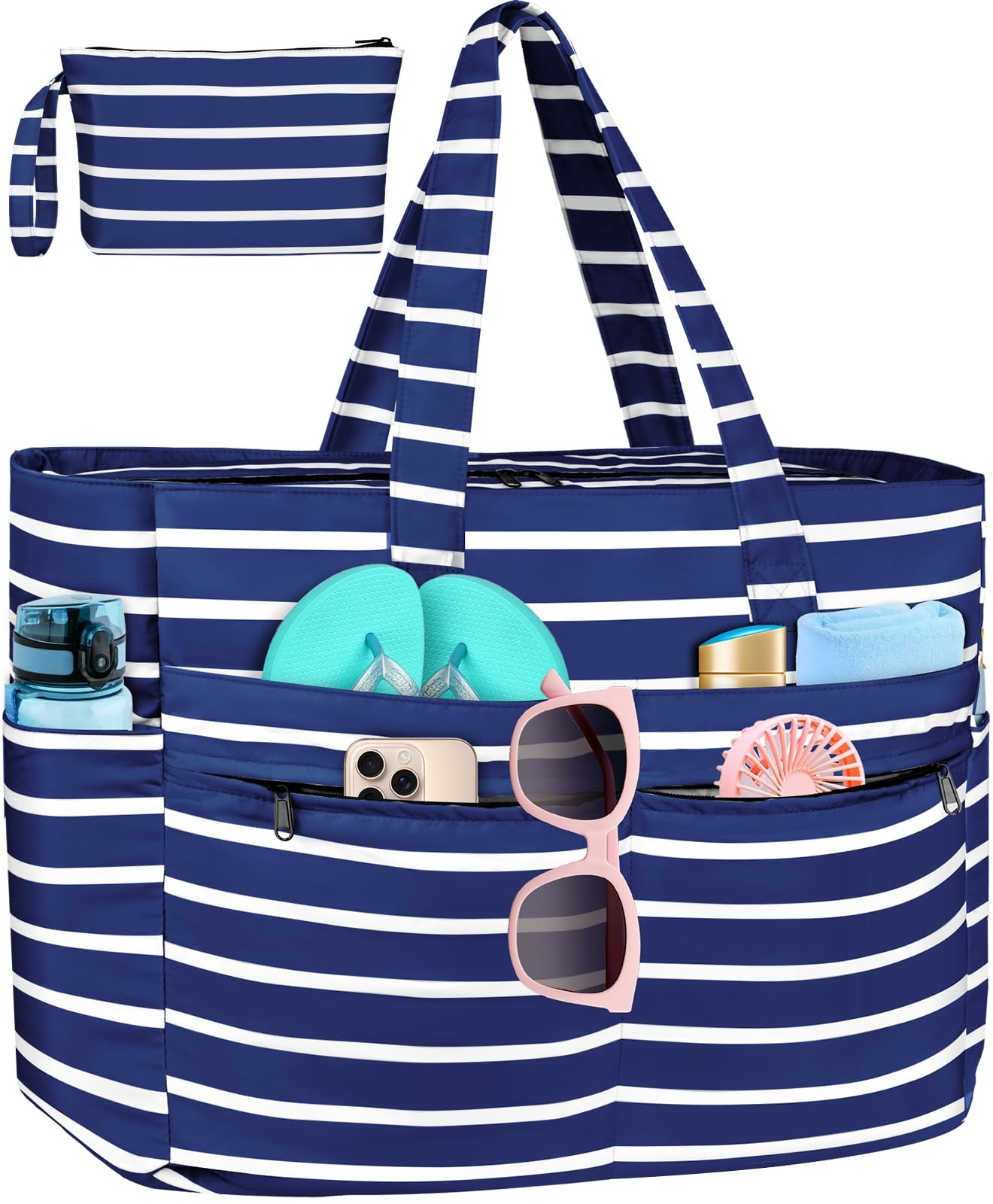 HUANLANG Extra Large Beach Bag Waterproof One Size, Dark Blue and White
