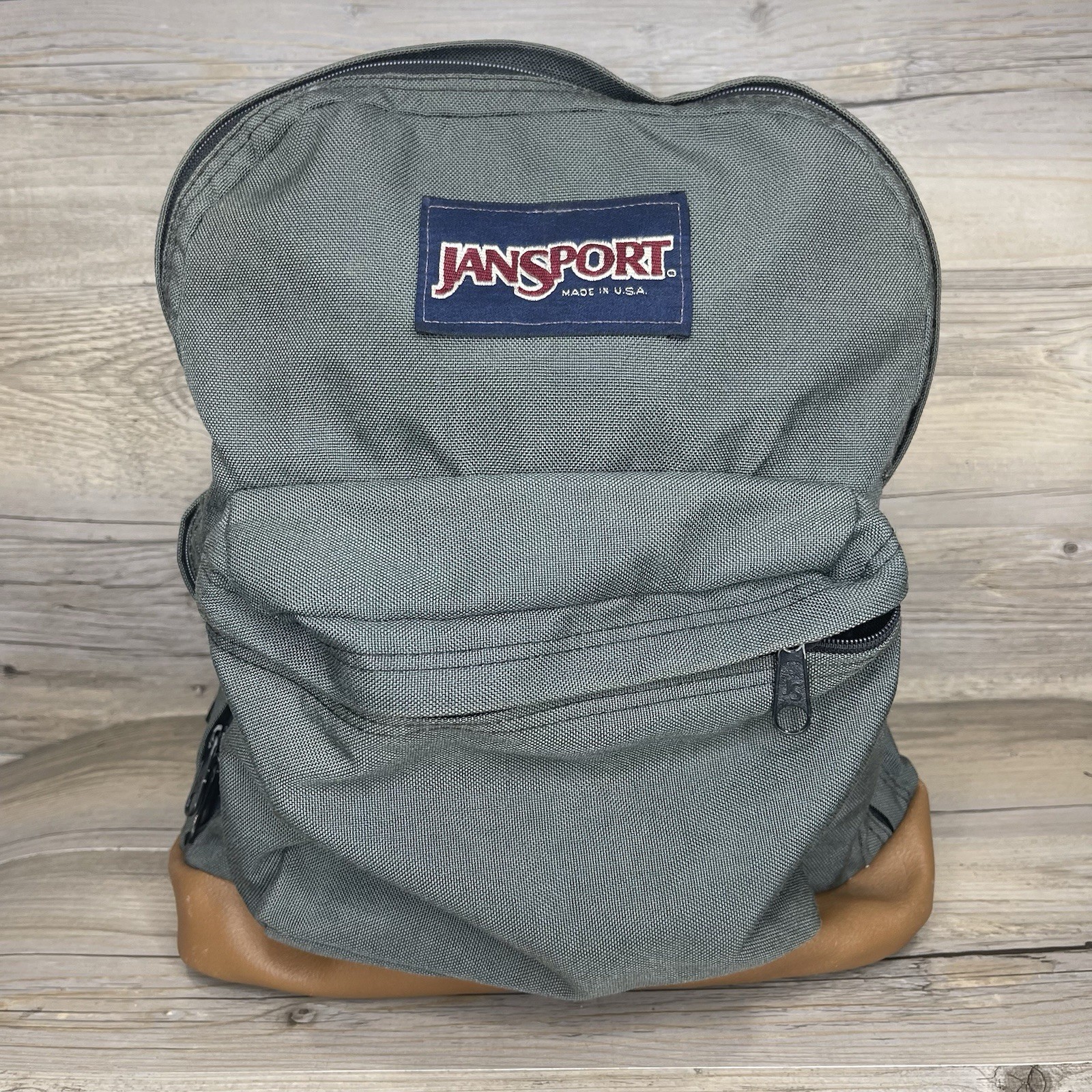 Vintage JanSport Backpack 90s Green Leather Bottom USA Made Retro School Bag Sac
