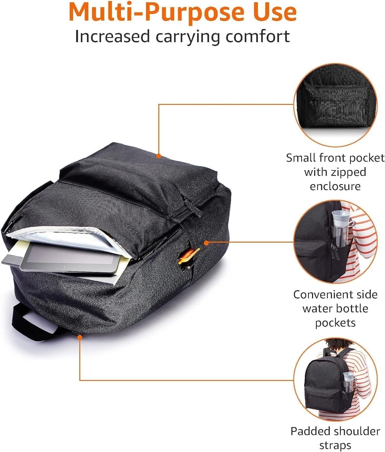 Backpack for School Study Travel Durable Classic Design Black