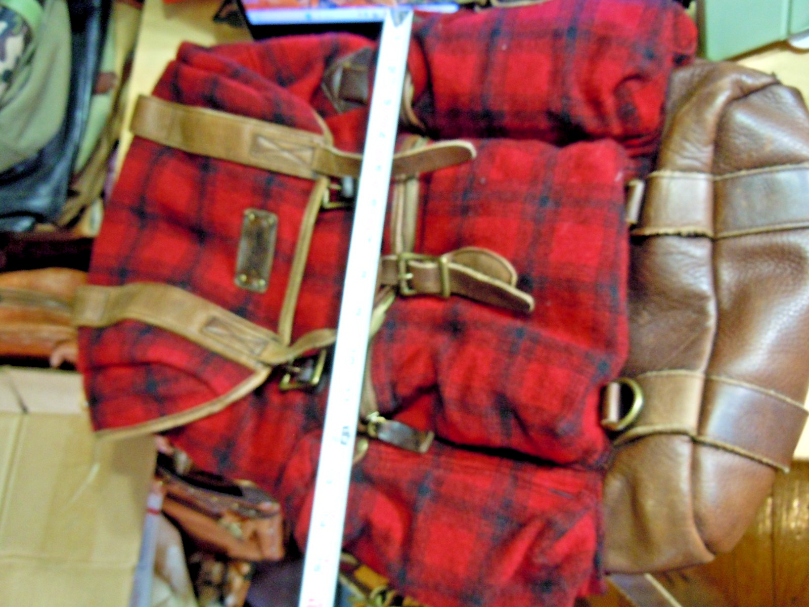 VTG LL Bean BACKPACK RUCKSACK wood Plaid Brown LEATHER Large “. #9