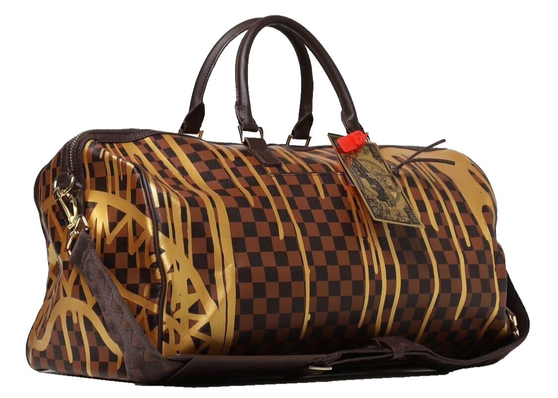 SPRAYGROUND SHARK IN PARIS BROWN GOLD DRIP DUFFLE MONOGRAM CHECKERED TRAVEL BAG