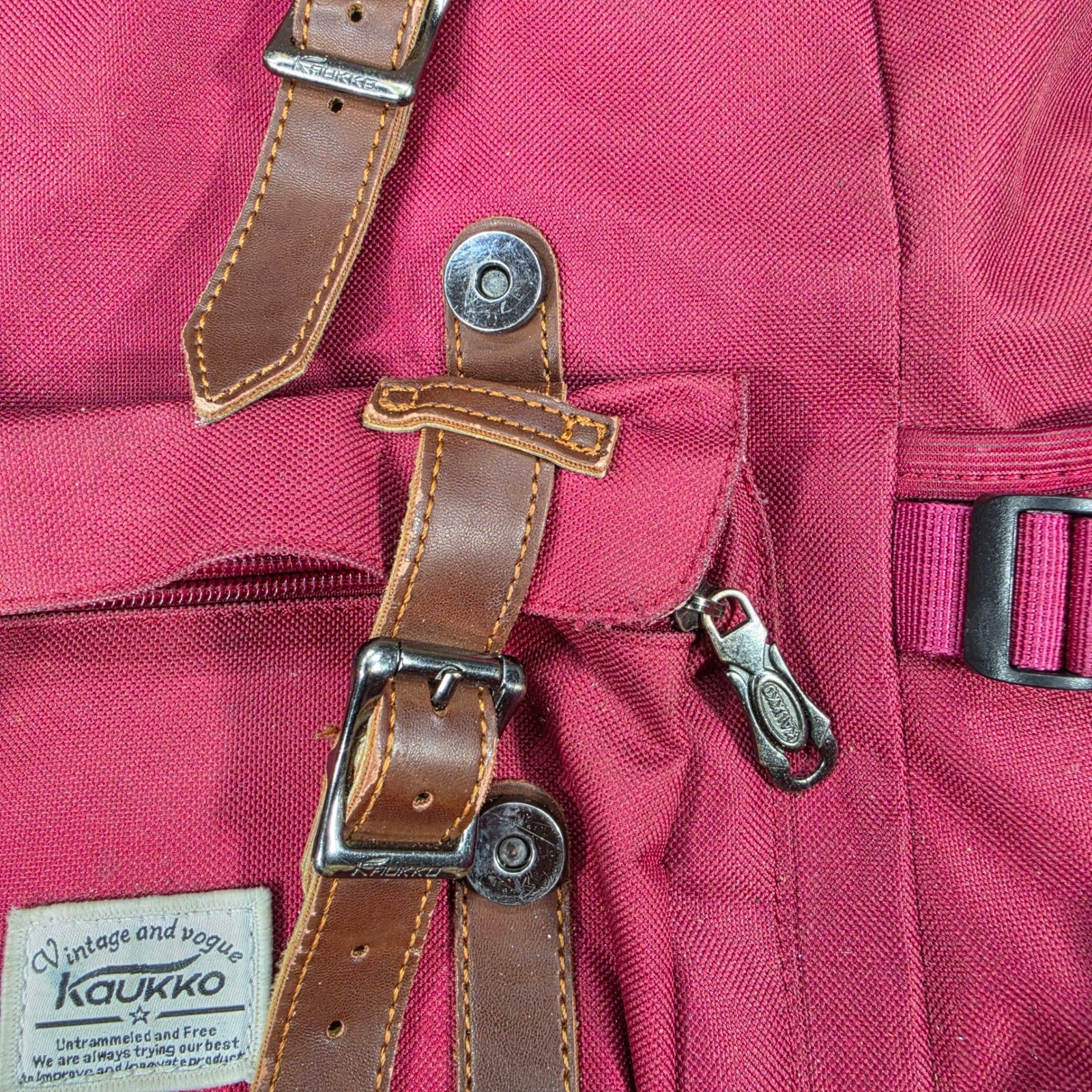 Kaukko Backpack Unisex Large Red Excellent Canvas Rucksack Faux Leather Straps