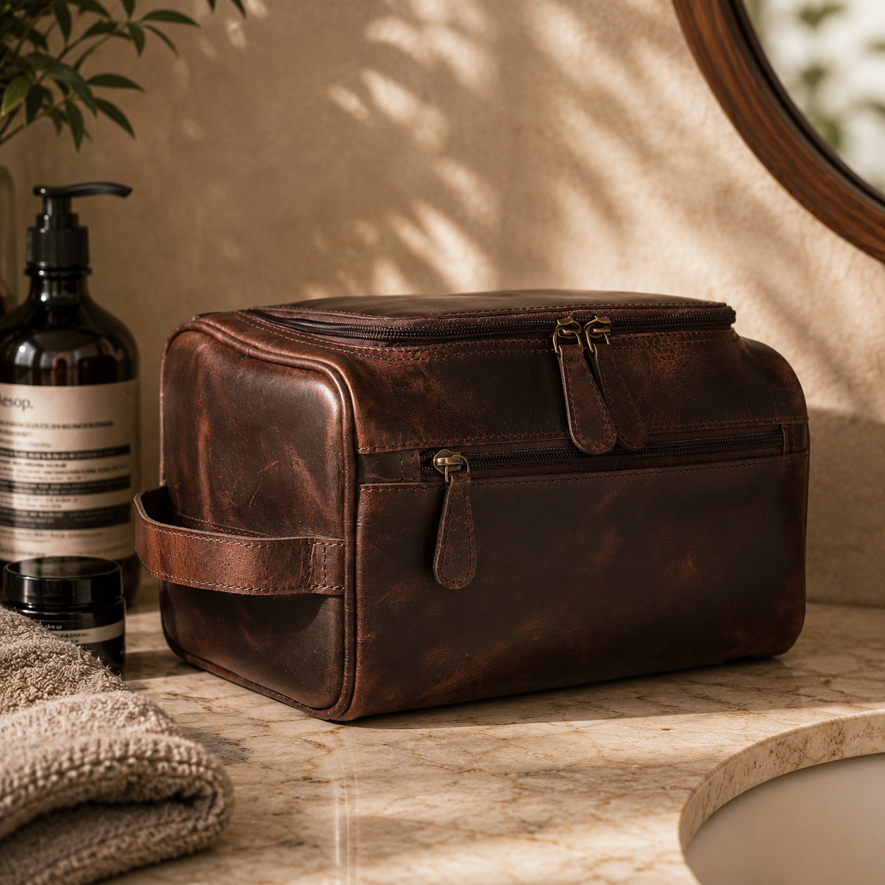 Leather Travel Organizer Bag Brown Toiletry Case Shaving Dopp Kit Large