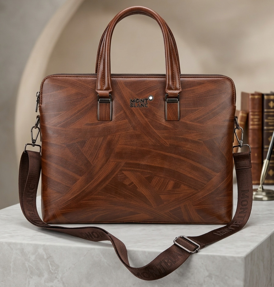 Luxury Montblanc Brown Leather Lightweight Office Work Men’s Laptop Bag w/Strap