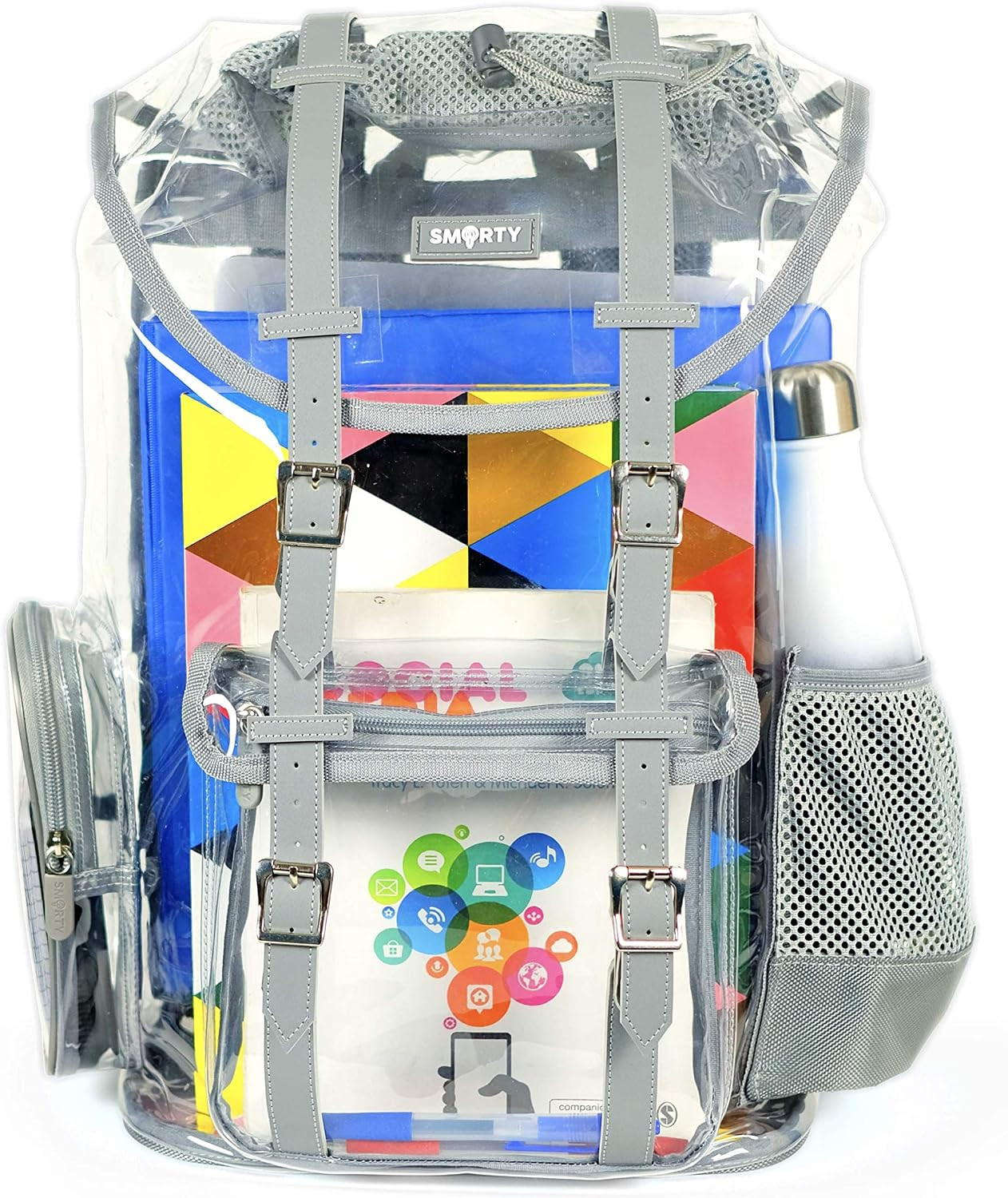 Heavy Duty Clear Backpack V2 Durable Transparent See through Bag (Gray, Large Ru