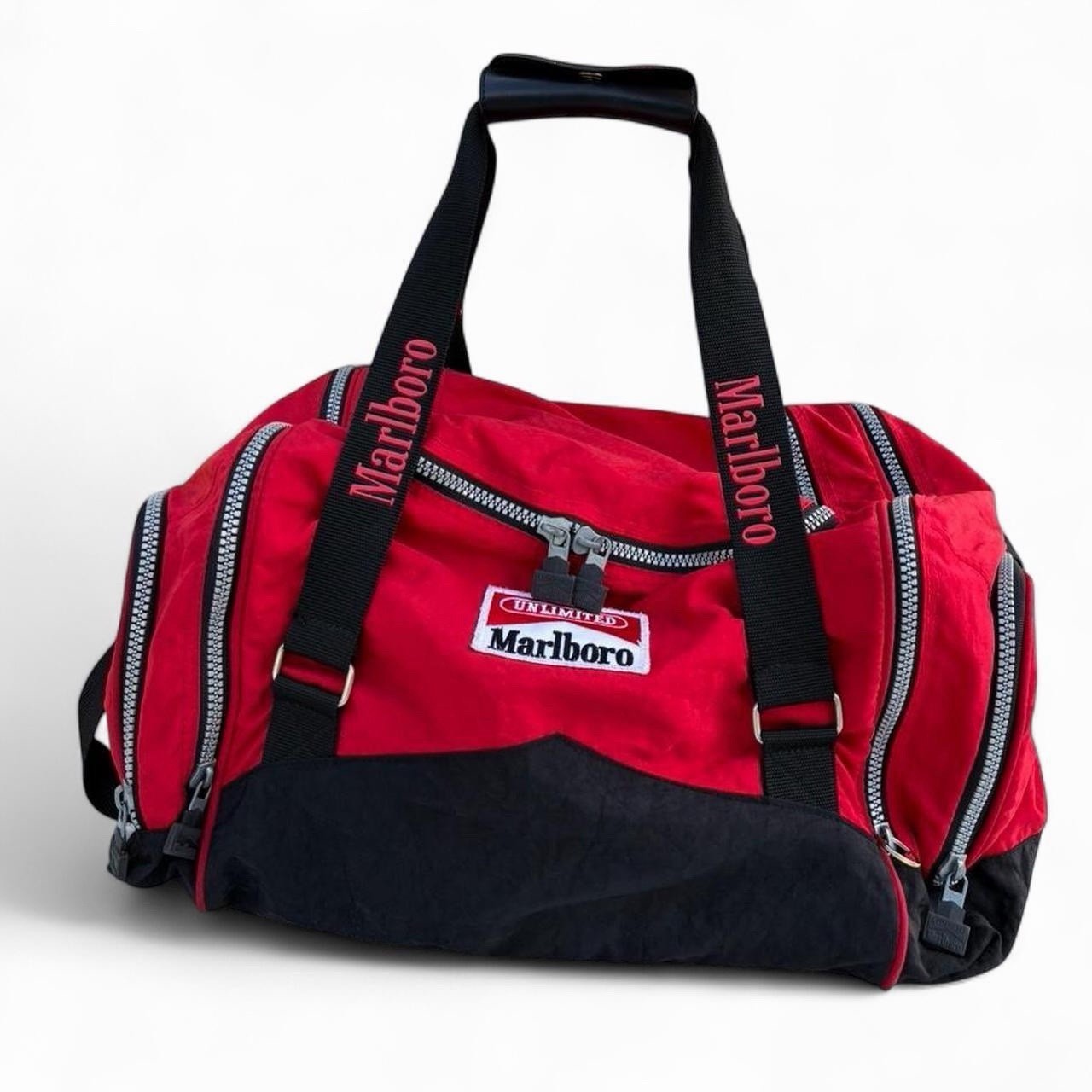 Vintage Marlboro Unlimited Red & Black Multi-Pocket Duffle Bag Y2K Travel Gym