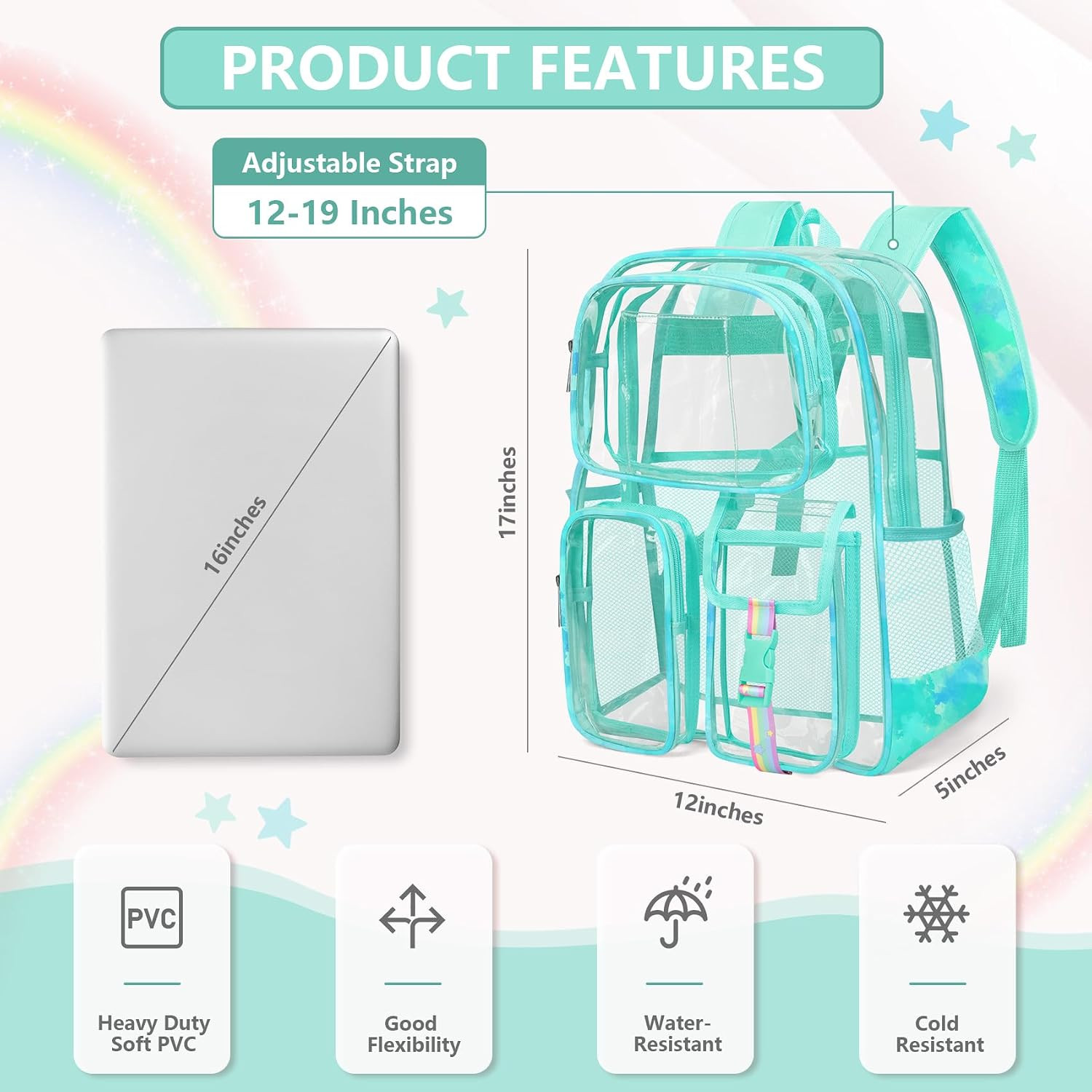 Clear Backpack for Stadium Events, Heavy Duty PVC Transparent Bookbag with Reinf
