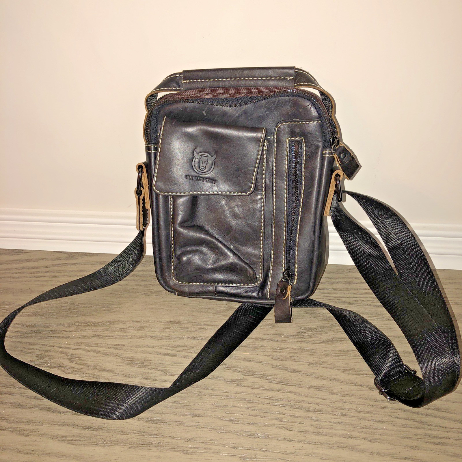 BULLCAPTAIN Leather Men Shoulder Bag Small Men Bag Vintage Casual Bag 9″