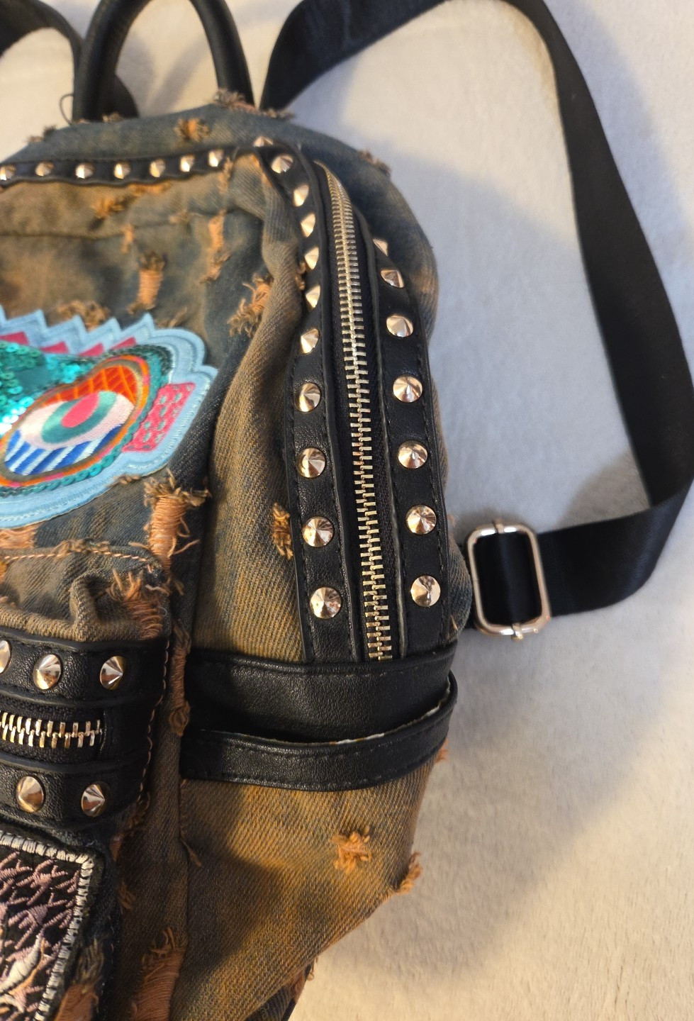Distressed Soft Denim Backpack Patches Embroidery Sequins Eyes Grunge Studs Zip