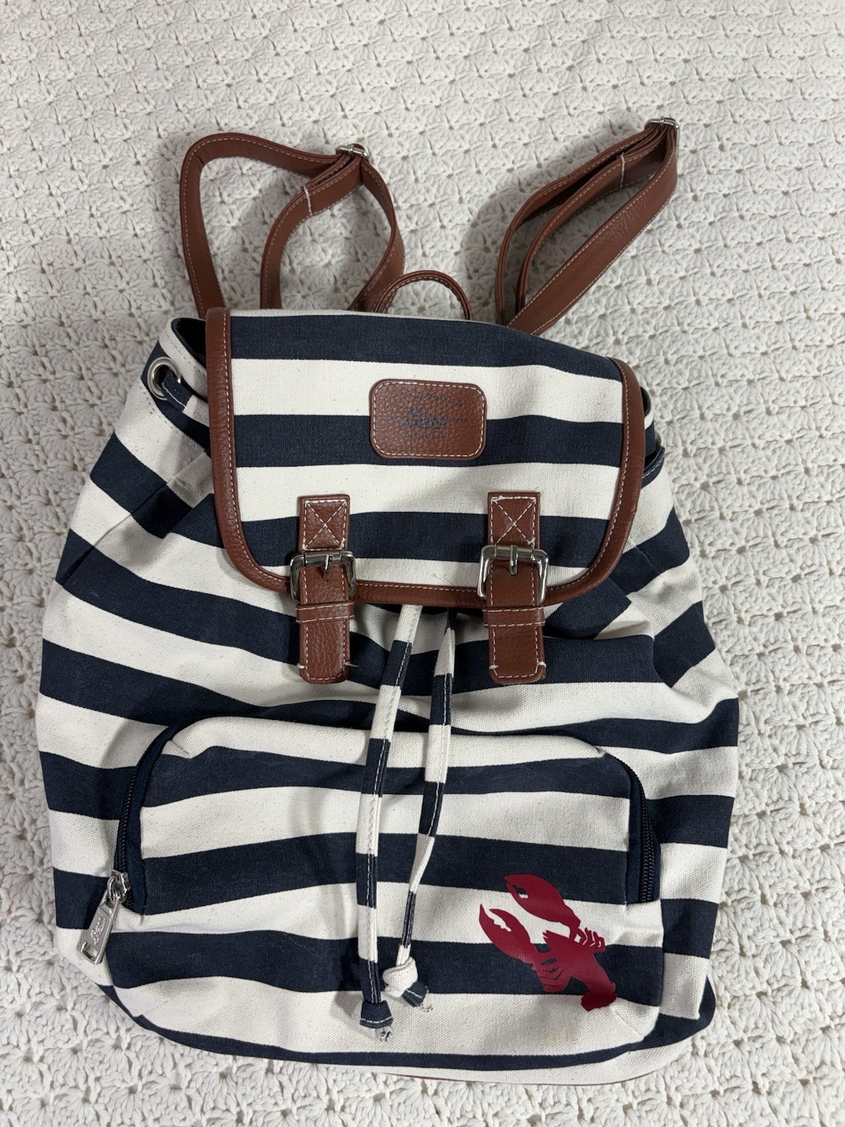 G.H. Bass Striped Canvas Backpack Nautical Anchor Leather Trim Casual Bag EUC
