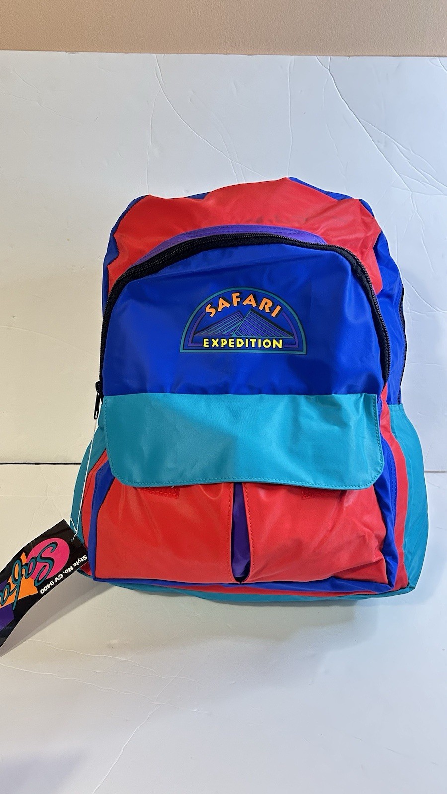 Vintage Safari Expedition Neon Color Block Backpack 80s 90s Retro School Bag
