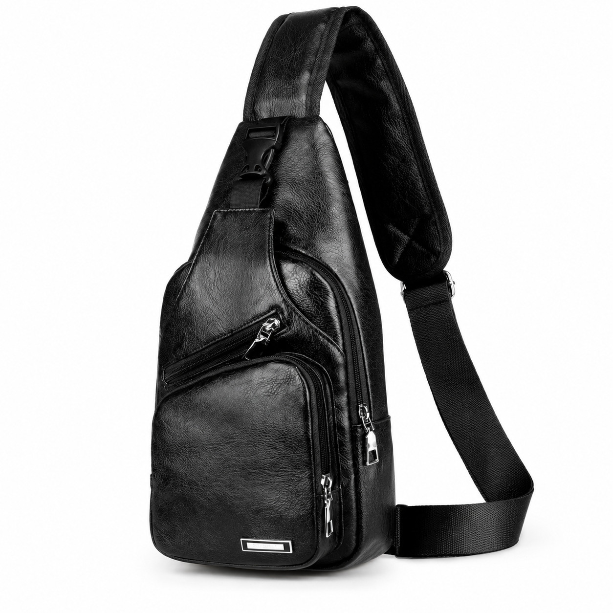 Black Chest Crossbody Bag Sling Backpack for Men with USB Charge Port Hole