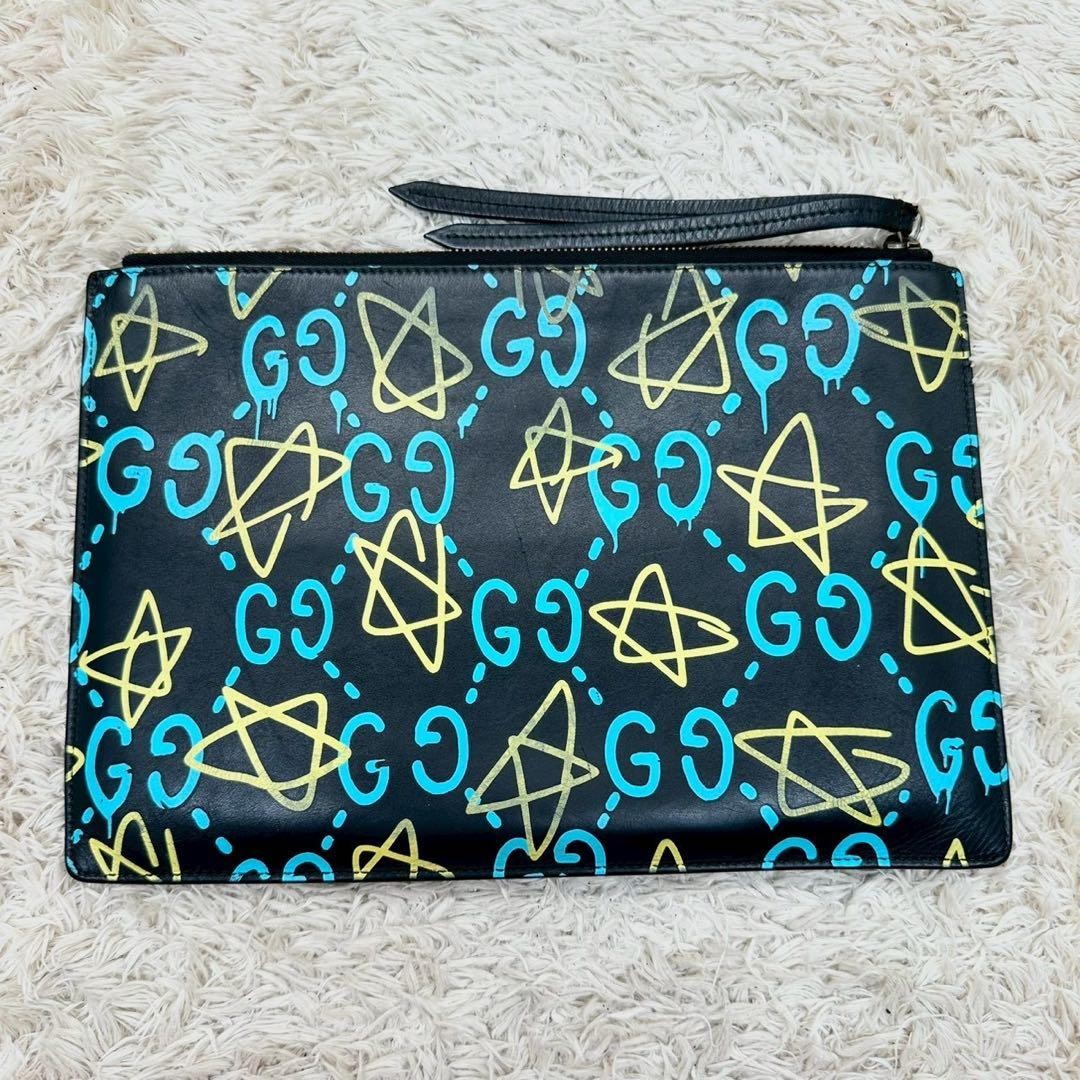 GUCCI Ghost Clutch Bag Leather Black Blue Men Women Authentic 20x29cm