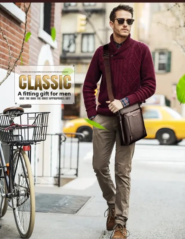 Solid Color Black Brown Leather Men’s Crossbody Bag, Casual Large Capacity.