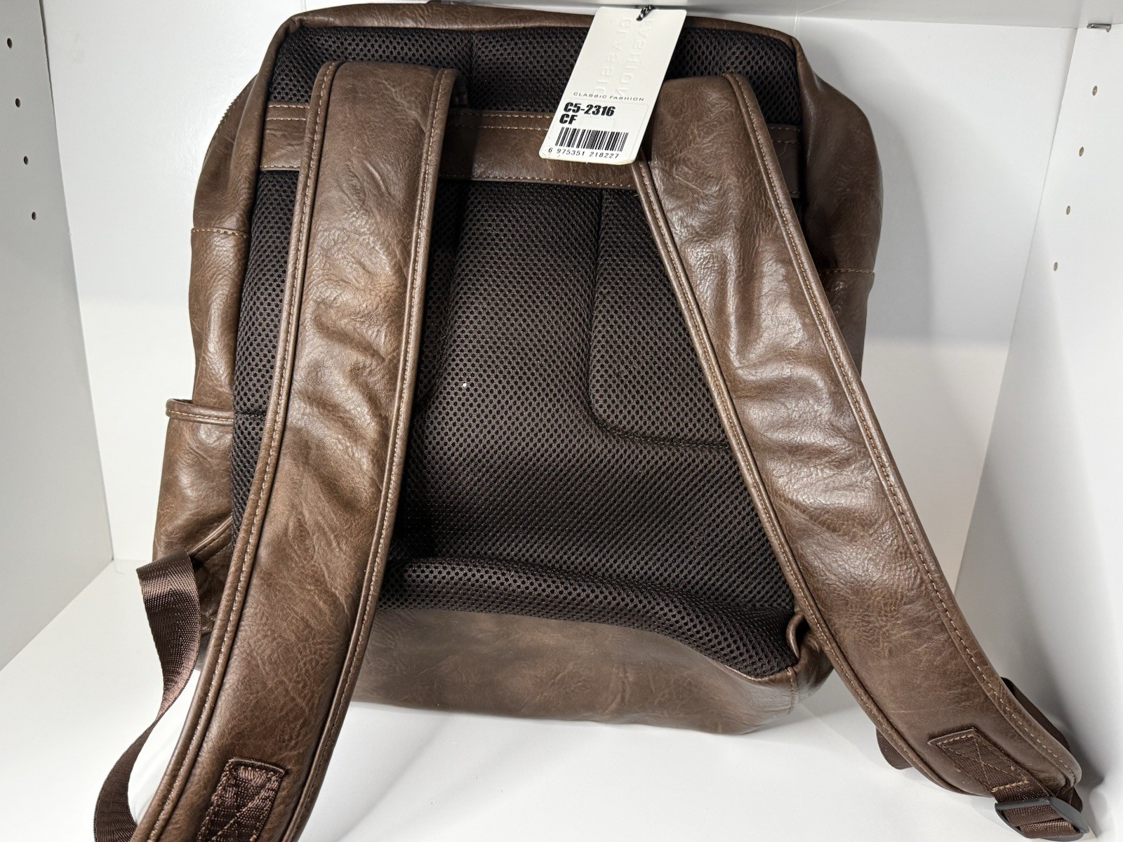 Brown Faux Leather Backpack Zip & Buckle, Padded Straps, Striped Lining
