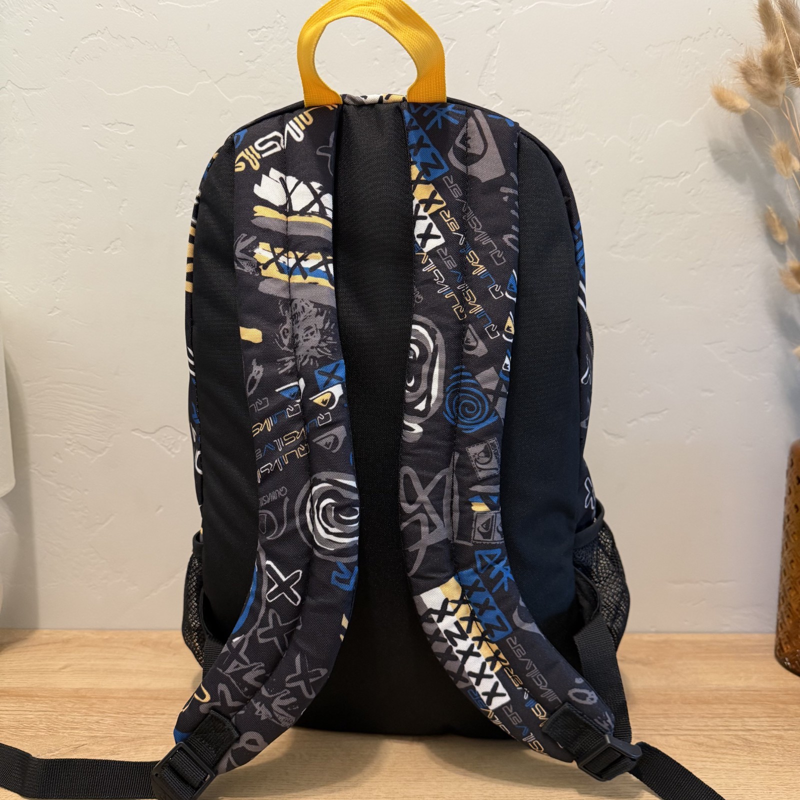Quiksilver Backpack Y2K Style Skate Surf Graphic Black Blue School Bag