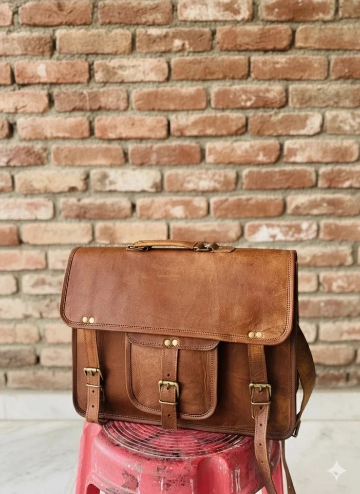 Men’s Detailed Leather Vintage Laptop Messenger Handmade Briefcase Bag Satchel