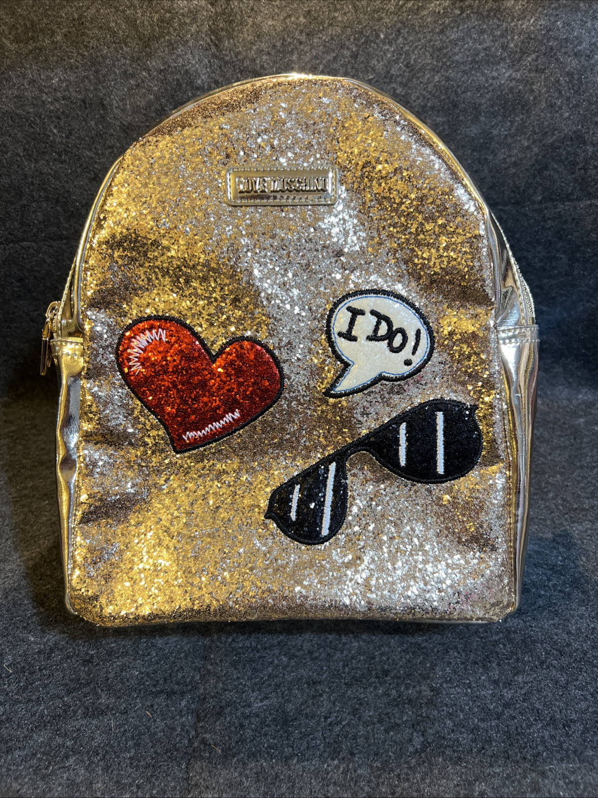 Love Moschino Gold Leather Glitter Heart Backpack “I Do” NWOT