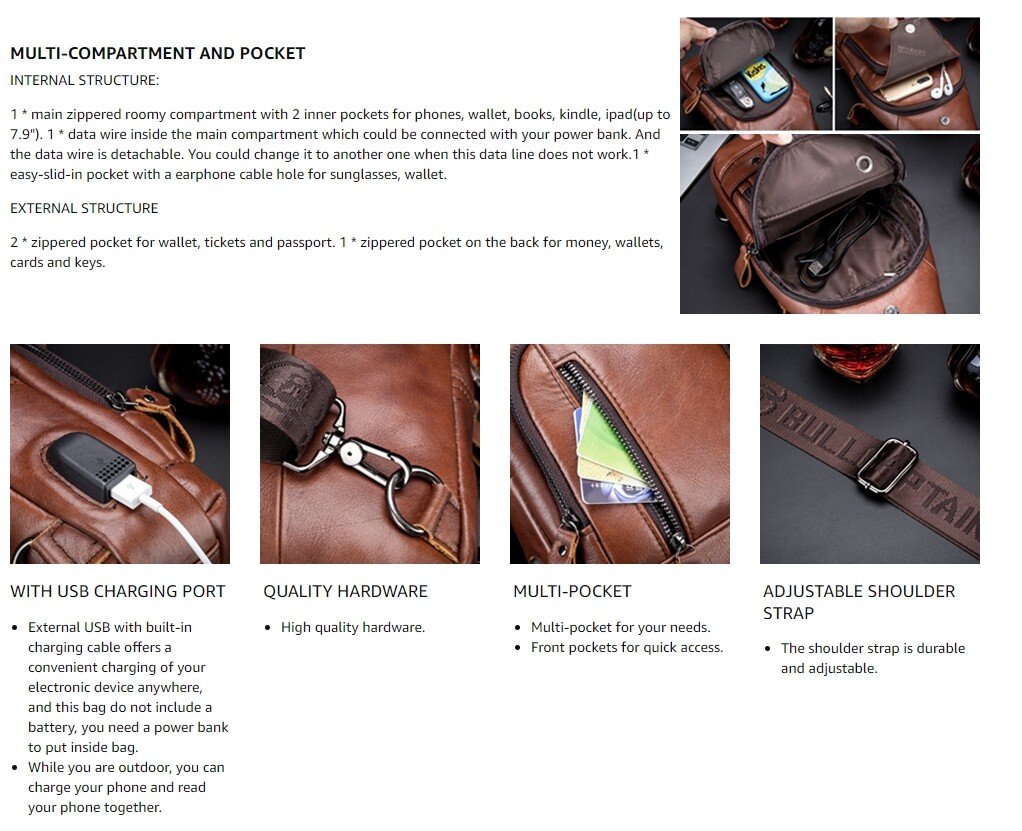US Chest bag Sling Backpack for Men Crossbody Bag Shoulder Bag Genuine Leather Q