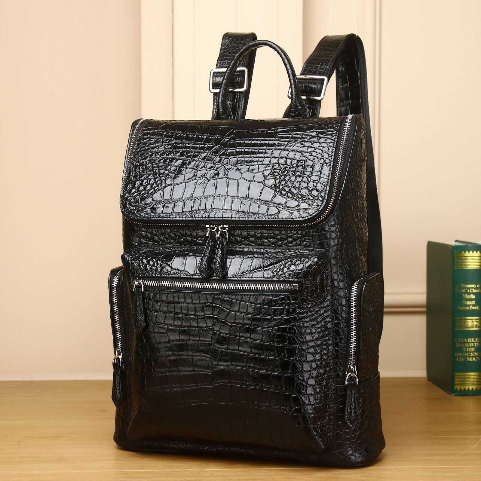 Top Cowhide Leather Black Backpack Crocodile Belly Pattern Men’s Travel Rucksack