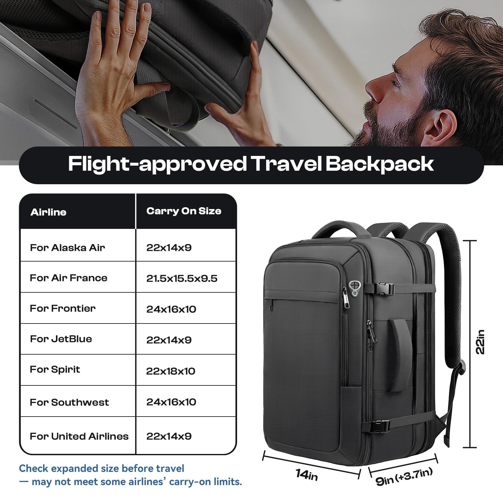 Extra Large 55L Travel Backpack, TSA Approved, Expandable, Water Resistant, Fits