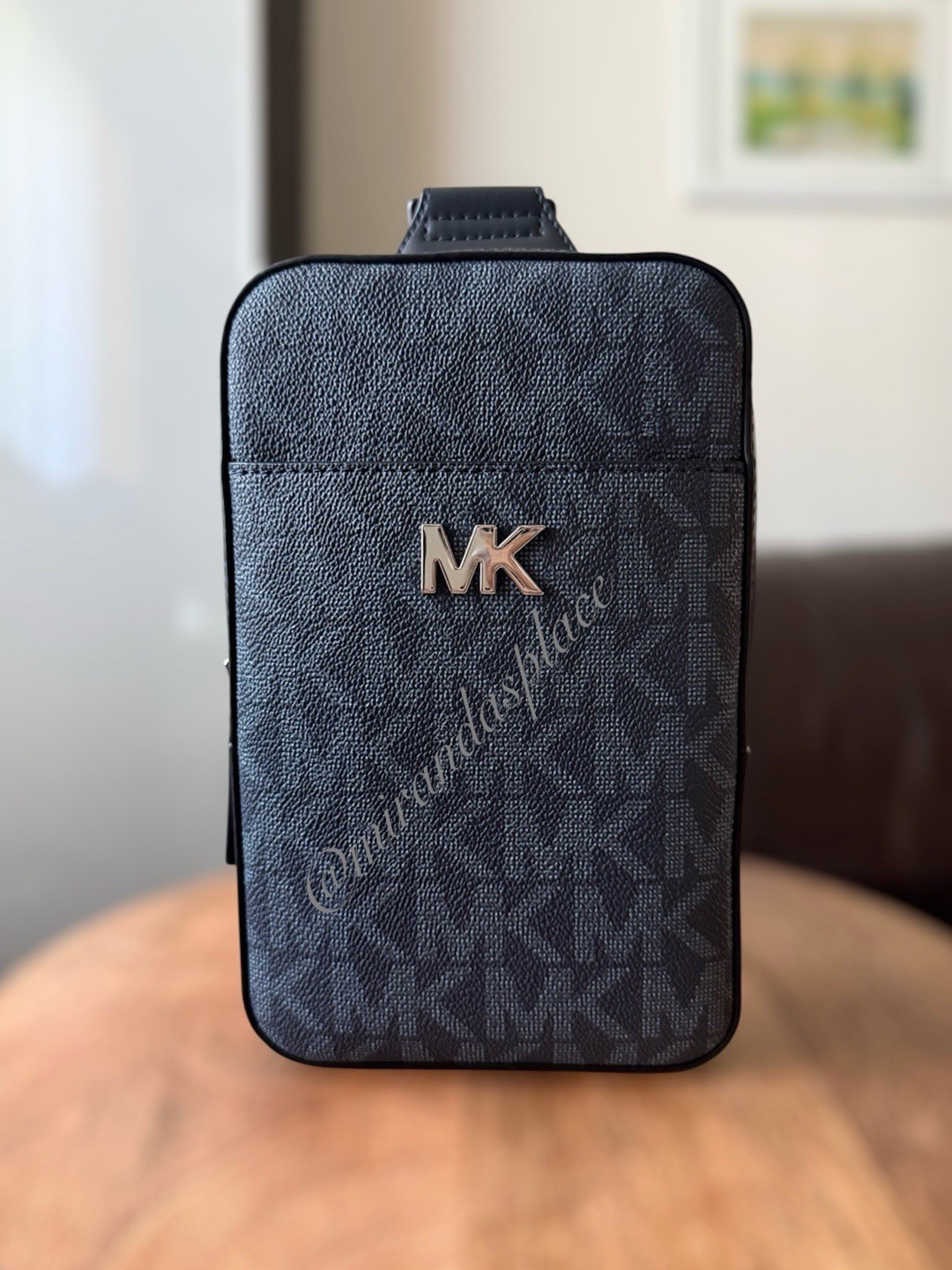 NWT Michael Kors Everett Blue Canvas Leather Adjustable Strap Unisex Sling Bag