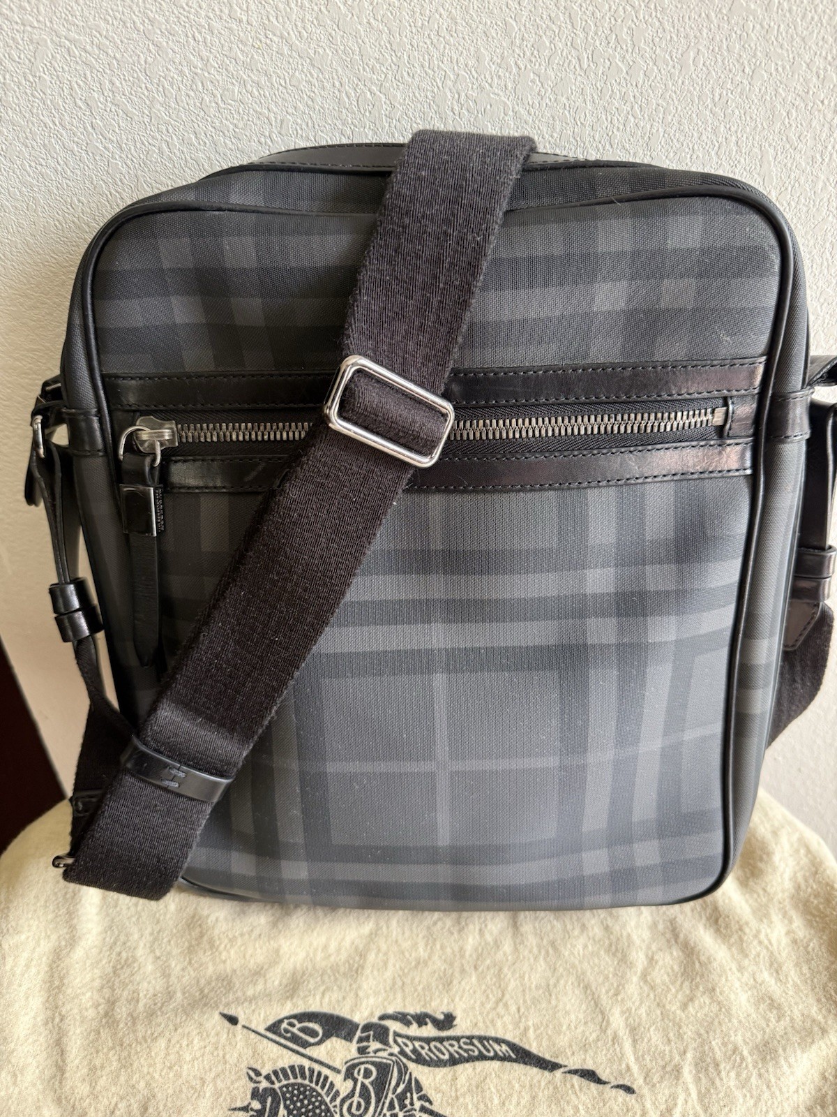 Authentic Burberry Black Check Messenger Crossbody Bag w/ Dust Bag