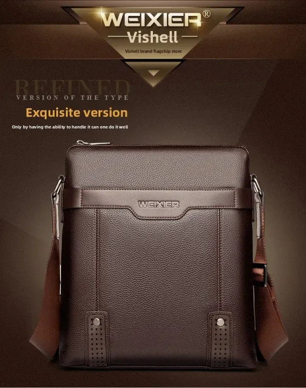 Solid Color Black Brown Leather Men’s Crossbody Bag, Casual Large Capacity.