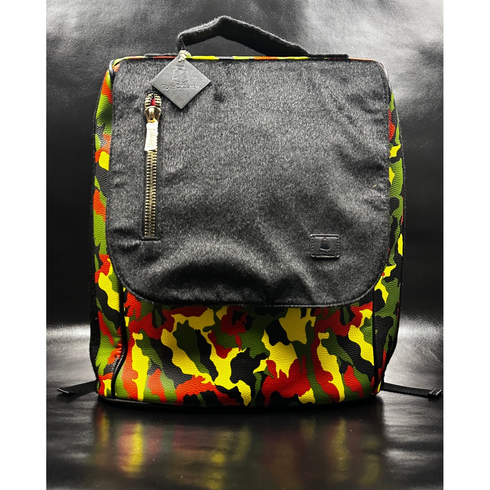 Colorful Camo Flap Backpack – Front Zipper Pocket, Faux Leather, Multicolor