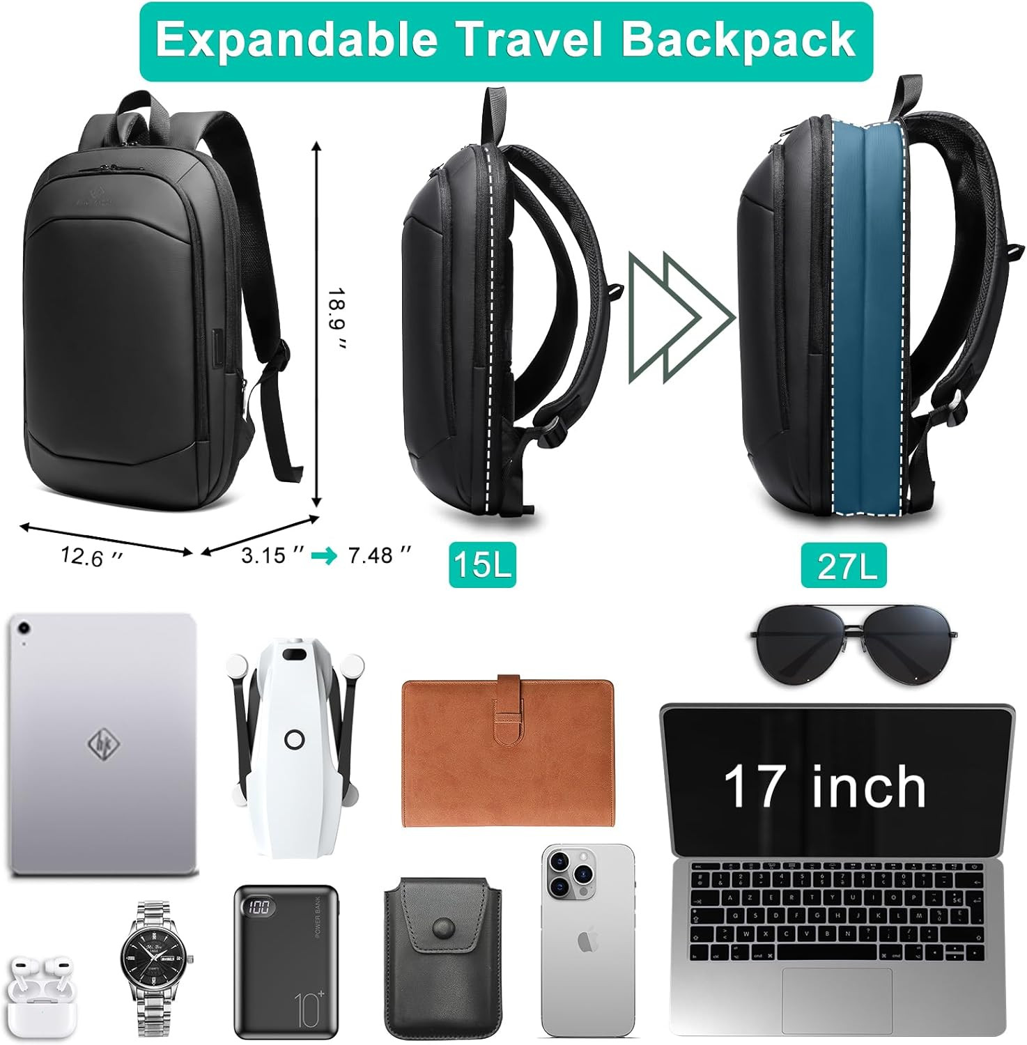 Mochila de negocios para hombre de 17 pulgadas, delgada y expandible