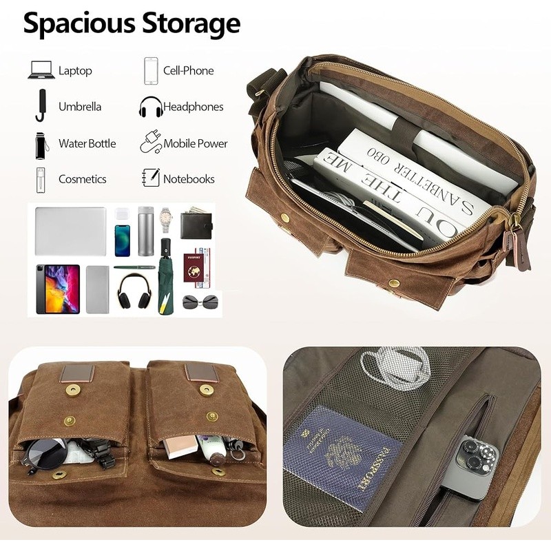 Water-resistant Messenger Bag Durable Canvas Laptop Bag W/ Anti-theft Pocket New