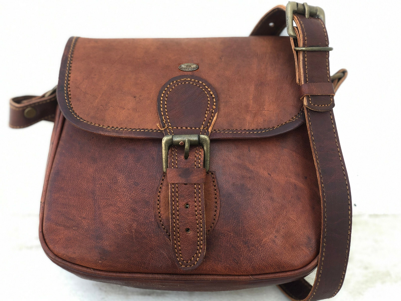 7X9 inch Real Genuine Brown Leather Vintage ladies Shoulder Hippie Tote Bag