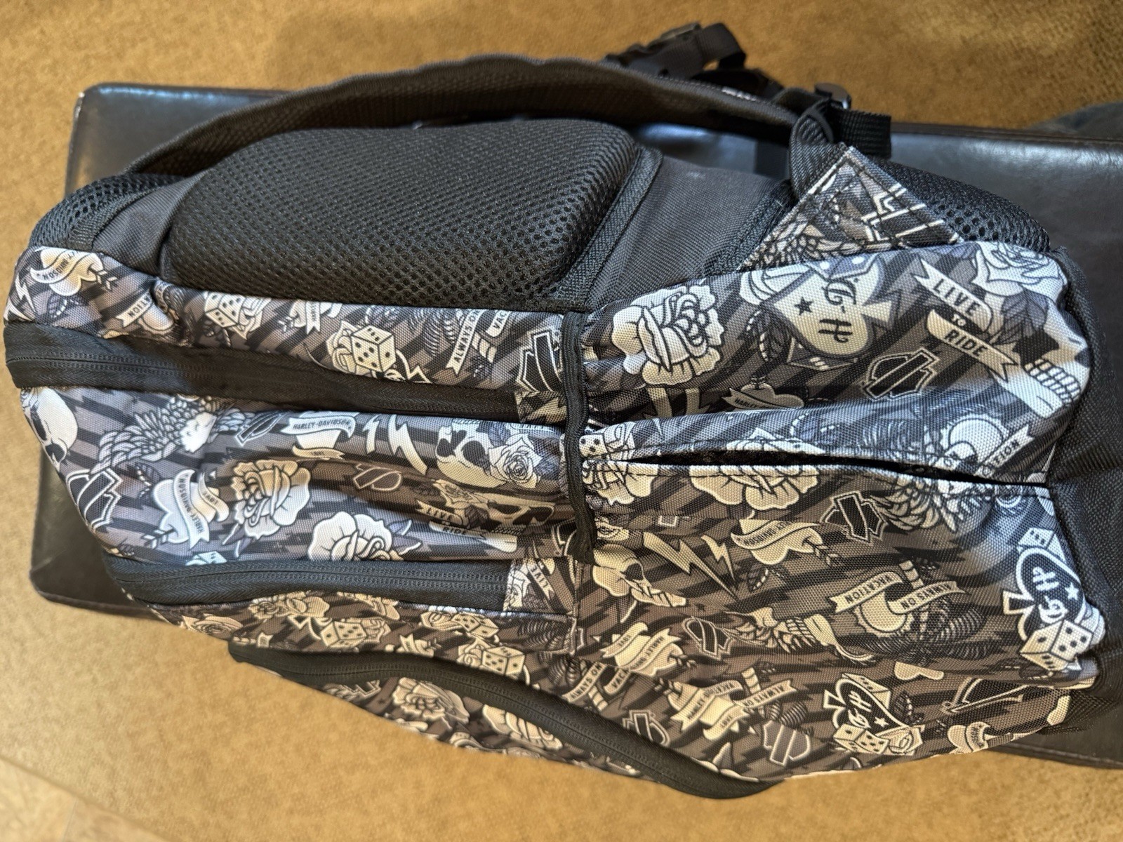 Harley-Davidson Skull Pattern Backpack, Black Adjustable Strap Organizer EUC