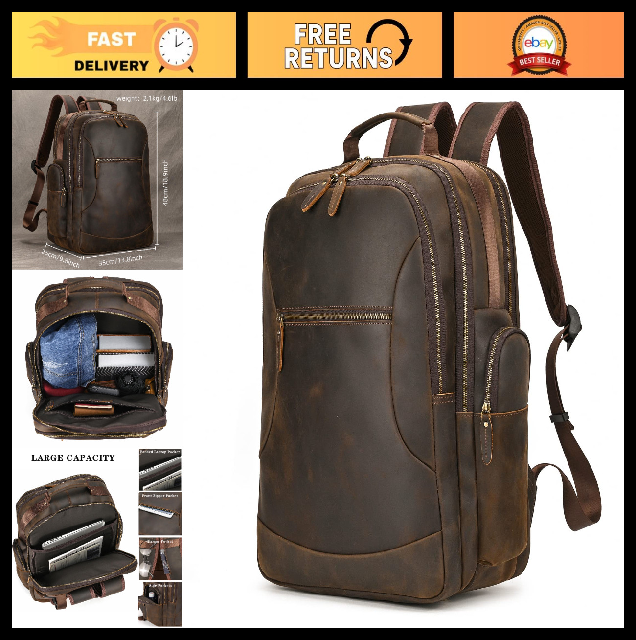 Large Capacity Men’s Full Grain Leather Backpack for 17.3″ Laptop – Vintage Trav