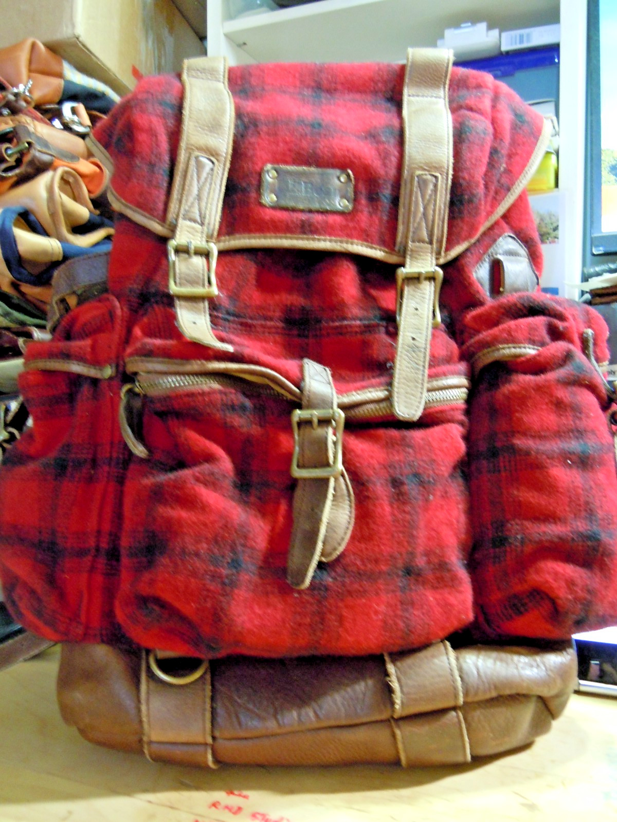 VTG LL Bean BACKPACK RUCKSACK wood Plaid Brown LEATHER Large “. #9