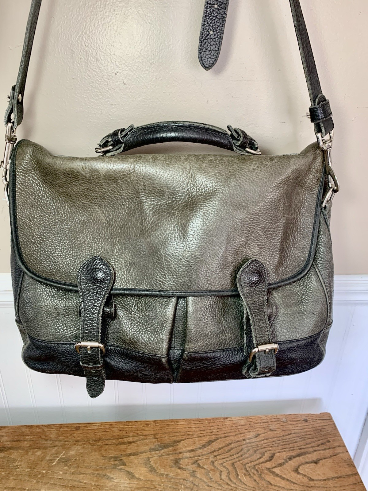 VTG Mulholland Brothers Brown/Gray Pebble Leather Messenger Bag Satchel Two-Tone