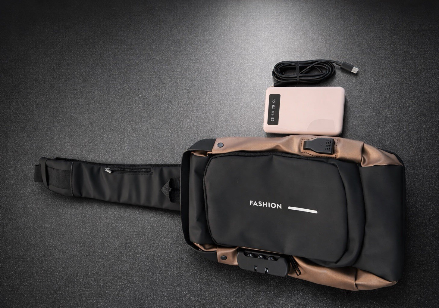 Anti-thef Chest Bag Zip Solid Black/Brown w/ power bank