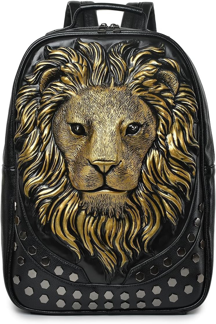 3D Lion Backpack Designer Vegan Leather Rivets Black Gold Large Unique New
