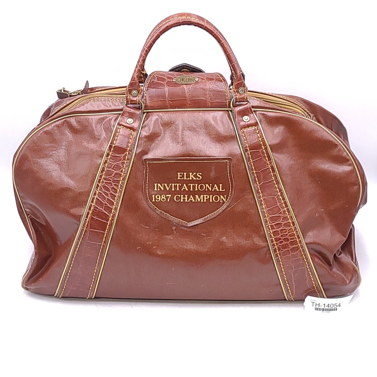 Burton MFG Co VTG Brown Leather Elks Crocodile Double Handle Travel Duffel Bag