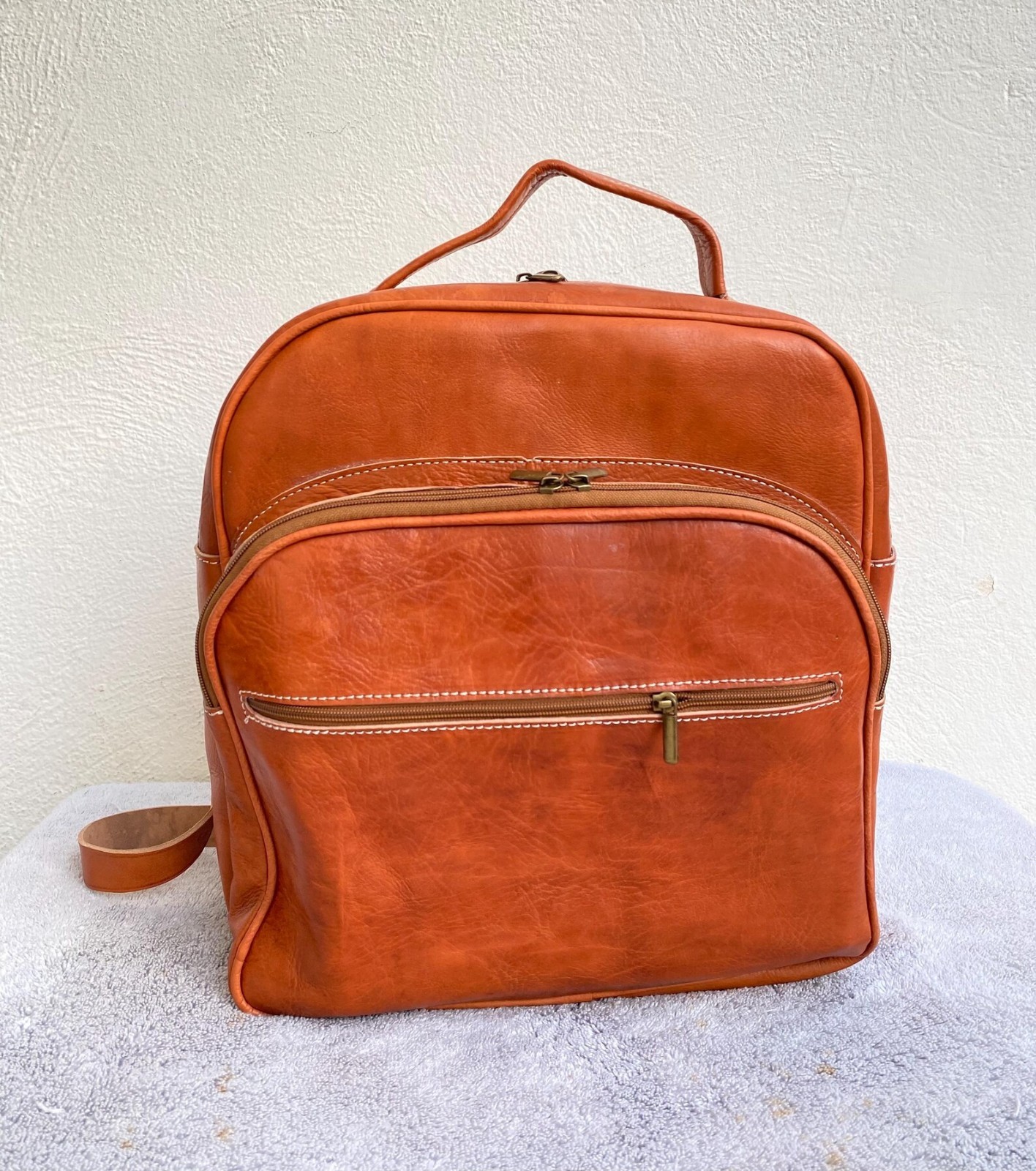 Handcrafted Genuine Leather Backpack – Cognac Color | 45 × 33 cm | Handmade