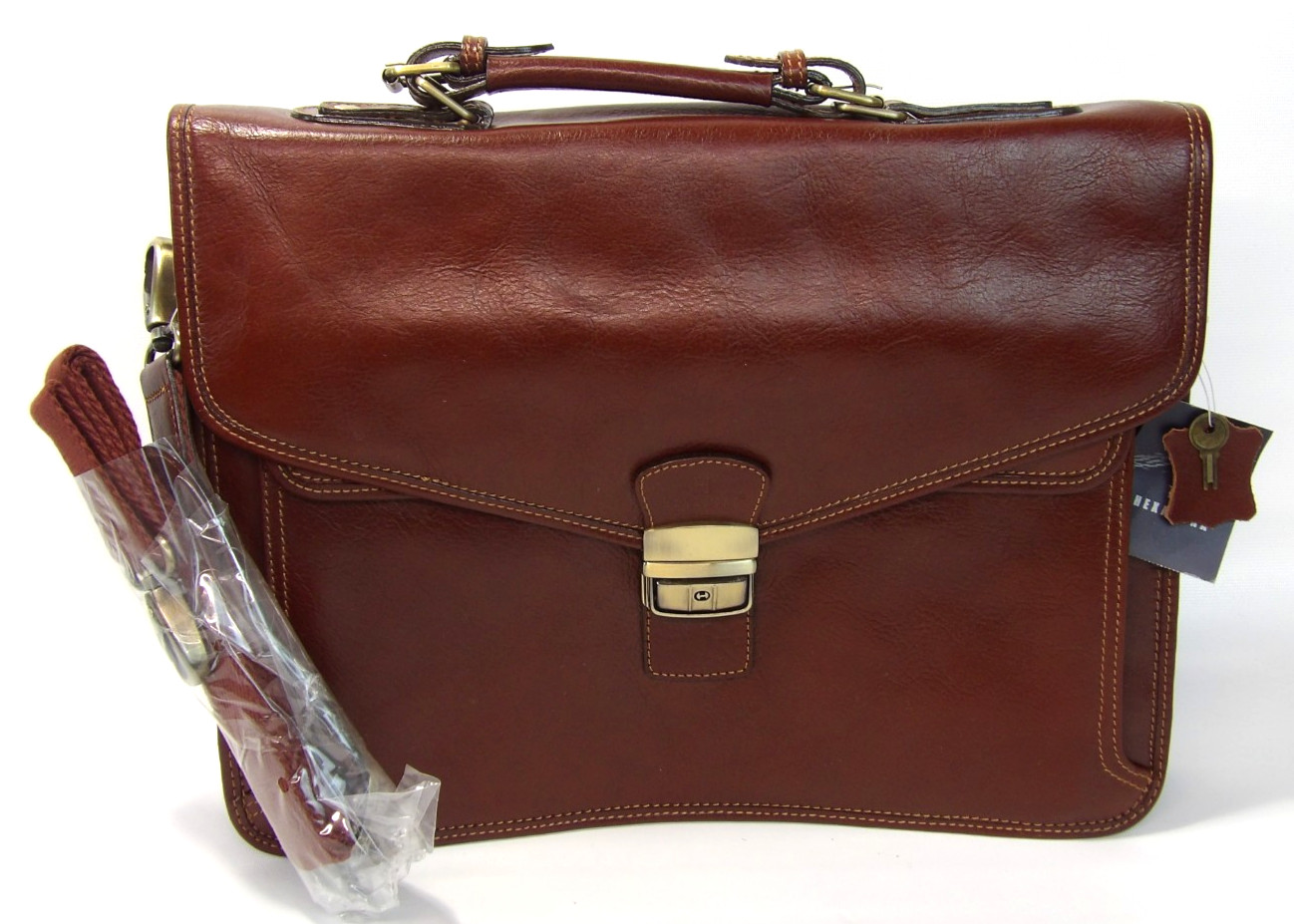 Hexagona Brown Genuine Leather w/ Flap 3 Compartments Shoulder Laptop Bag New!