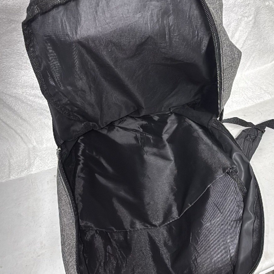 Gray Backpack Geometric Logo Front Zip Pocket Mesh Sides Good