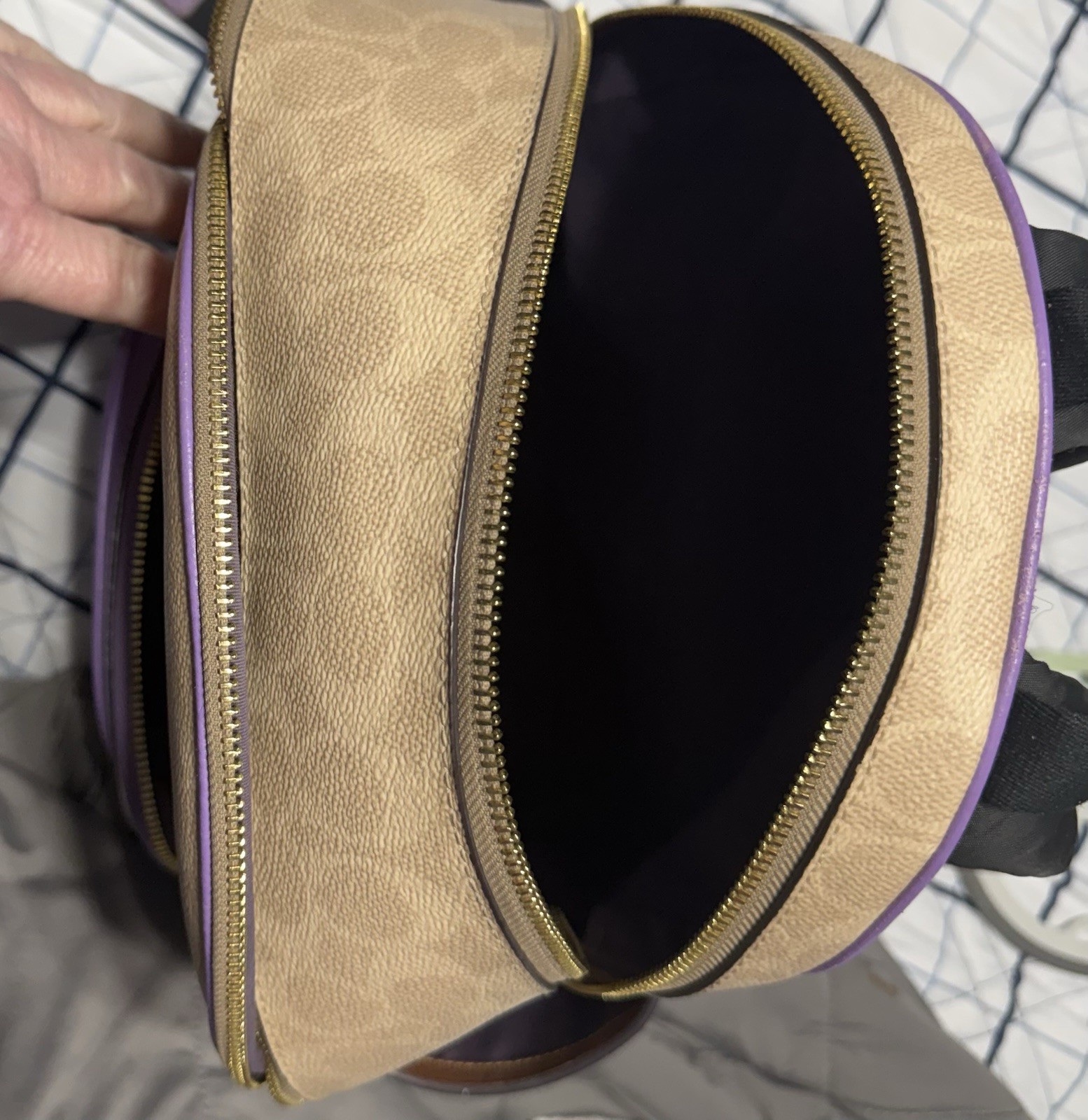 Coach Logo Backpack Purple Beige Zip Closure Adjustable Strap
