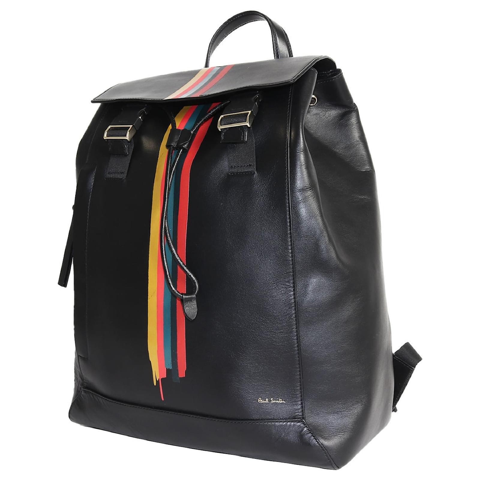 Paul Smith Painted Artist Stripe Black Calf Leather Flap Backpack Bag