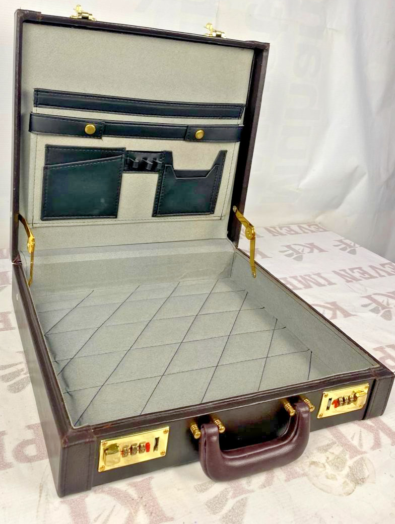 Brown Leather Attache Briefcase Combination Lock Business Document Case Office
